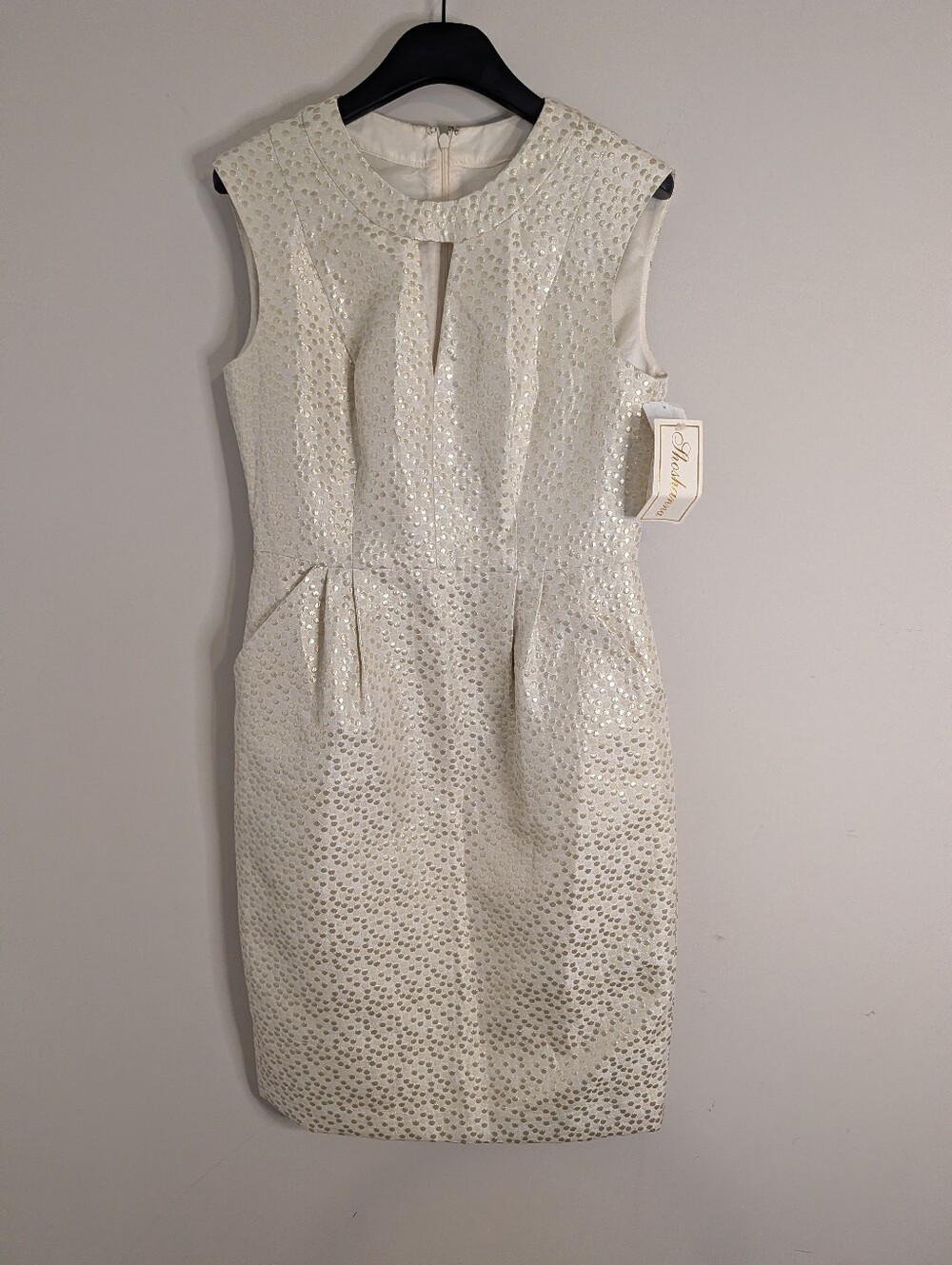 Shoshanna Gold/Champagne Dot Print Pleated Sheath Dress Size 2 Party Bridal NWT
